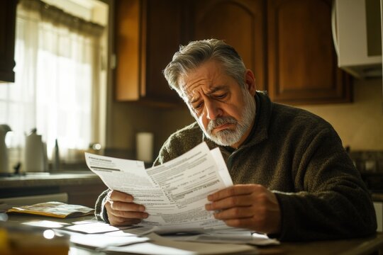 Middle-aged man sitting at kitchen table holding foreclosure notice showing stress and worry surrounded by bills and documents for financial crisis and mortgage struggle concept
