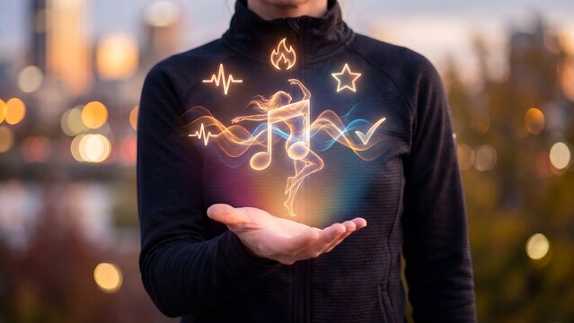 Woman Holding Glowing Orange Holographic Dancer with Music Note Heartbeat Wave Flame Star Checkmark Icons at Night City Bokeh Background
