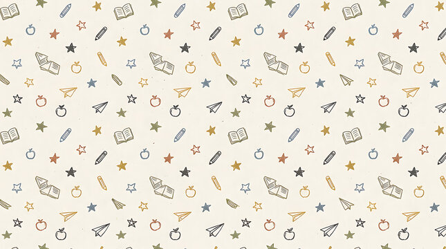 Colorful school supplies and icons on cream background pattern