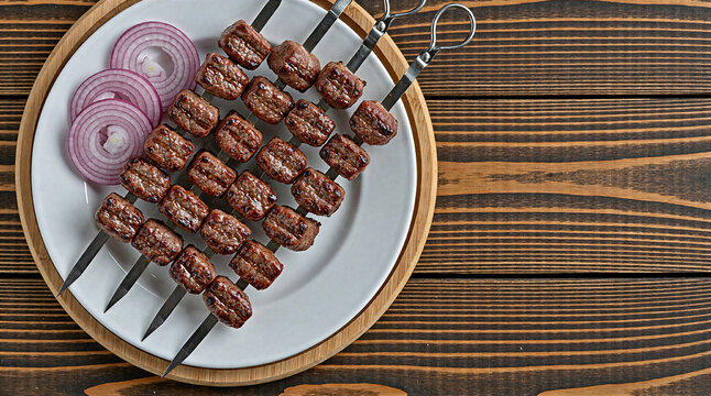 Grilled shish kebab skewers with red onion on white plate, wooden table