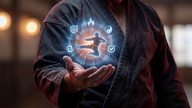 Martial Arts Master Holding Glowing Holographic Karate Kick Silhouette with Flame Target Yin Yang Spiral Checkmark Icons on Dark Bokeh Background