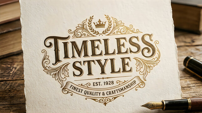 Timeless style logo with crown and ornate design on paper with fountain pen
