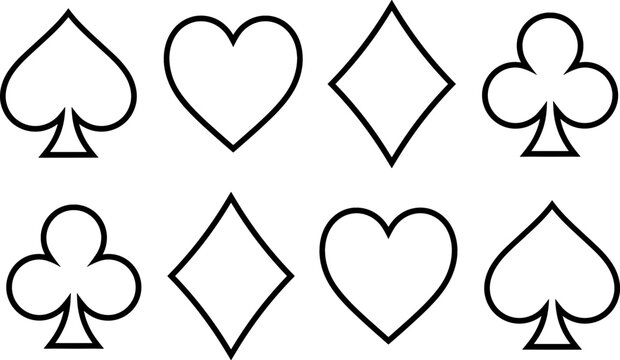 Playing Card Suits Icon Set featuring Spades Hearts Diamonds and Clubs Outline Line Art Vectors for Casino Gambling Poker Games and Graphic Designs