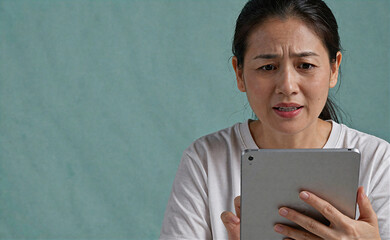 Obraz premium Worried asian woman looking at tablet with furrowed brow on teal background