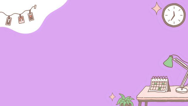 Aesthetic Pastel Purple Workspace Background with Desk Lamp, Calendar, Potted Plant, and Garland Lights