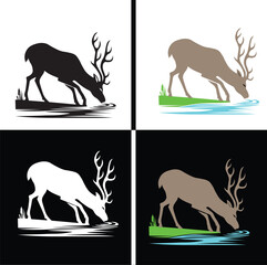 Obraz premium Four deer silhouettes in various colors drinking from water with different backgrounds
