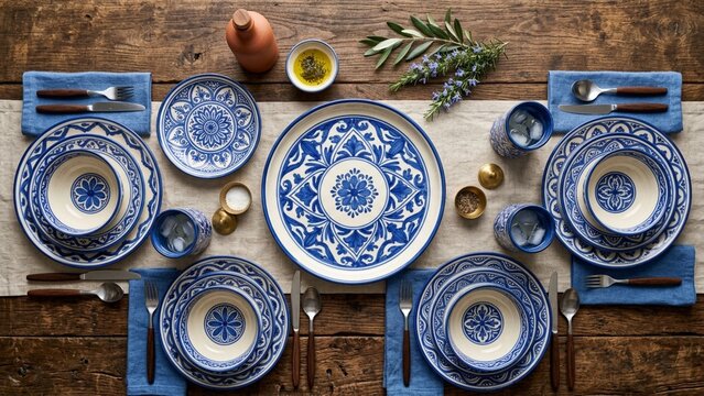 Mediterranean ceramic dinnerware set arranged on rustic wooden table with herbs and olive oil