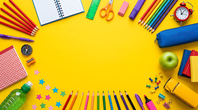 Colorful school supplies arranged on a bright yellow background