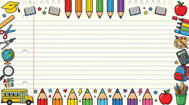 Colorful school stationery border with educational icons and blank space