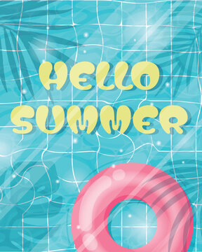 Hello summer pool float swimming inflatable pink ring on water surface background in blue tiled pool with palm shadows for summer resort, pool party and vacation design.