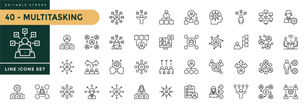 A collection of Multitasking icons set with editable stroke. Thin linear vector illustration