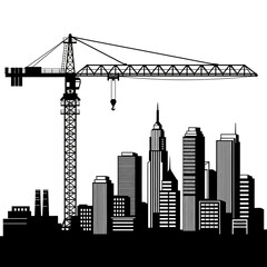 Obraz premium Silhouette Cityscape with Construction Crane, Black and White Vector Illustration