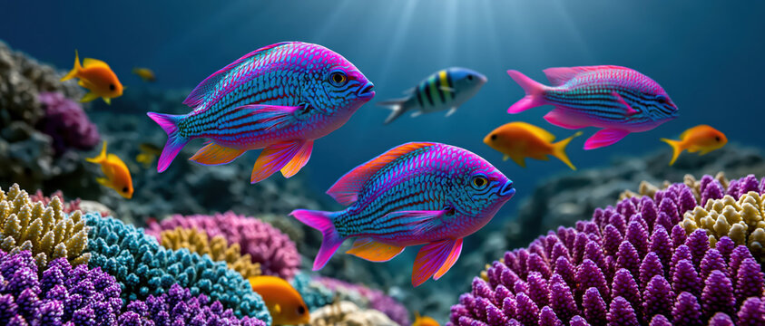 Colorful tropical fish swim above vibrant coral reef in clear ocean water with sunlight beams creating lively underwater scene