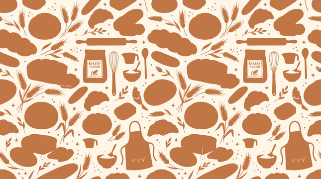 Flat vector bakery seamless pattern, artisan bread, croissants, wheat and baking tools, warm neutral palette

