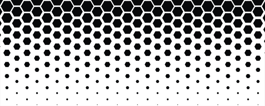Black and white hexagon halftone pattern background. Modern geometric gradient honeycomb texture grid banner vector illustration