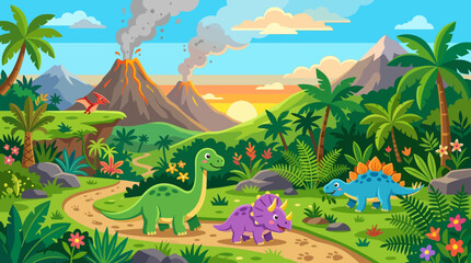 Flat vector dinosaur adventure background, friendly dinosaurs, volcanoes and tropical plants    © Maftuh