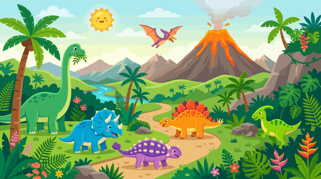 Flat vector dinosaur adventure background, friendly dinosaurs, volcanoes and tropical plants


