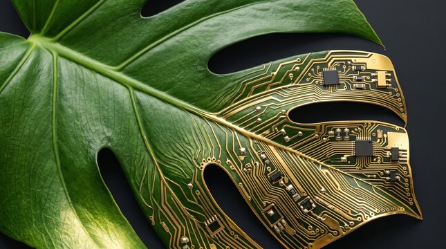 Monstera leaf tissue transforming into 24k gold circuit board diagonally, bio-technology fusion concept