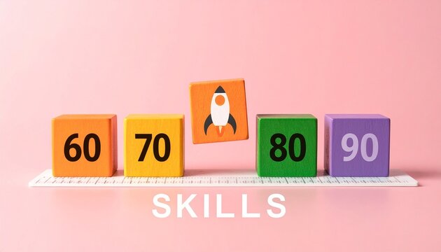 Pink background skill blocks with rocket symbolizing growth and progress
