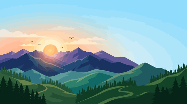 Flat vector mountain landscape background, layered hills, pine forests and sunrise, minimalist copy space


