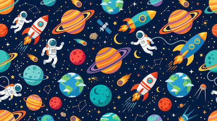 Flat vector space explorer pattern, rockets, astronauts and colorful planets    © Maftuh