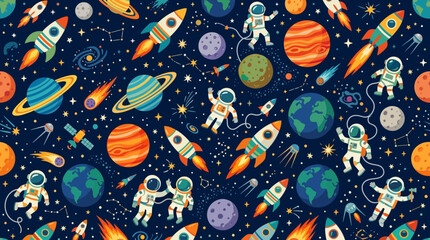 Flat vector space explorer pattern, rockets, astronauts and colorful planets    © Maftuh