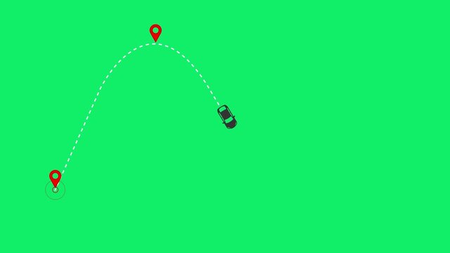 Chroma key green screen animation of a car icon driving along a dotted route map path with red location pins.