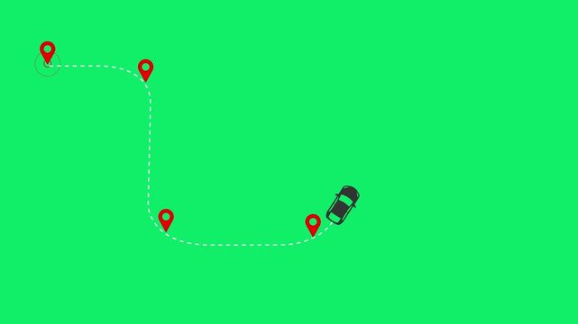 Car Icon Navigating Route with Multiple Red Map Pin Locations on Green Screen