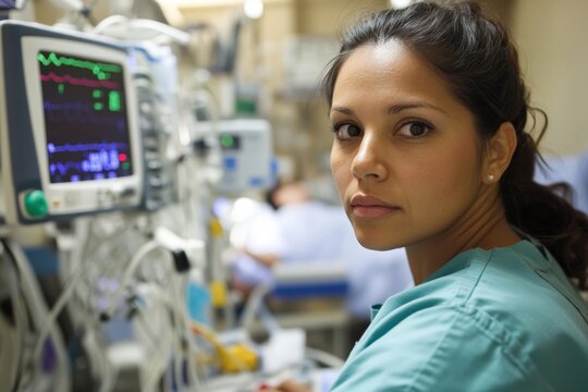 Hispanic woman nurse monitoring patient vital signs on advanced medical equipment in hospital intensive care unit. Healthcare professional providing meticulous critical care. Adjusting life support.