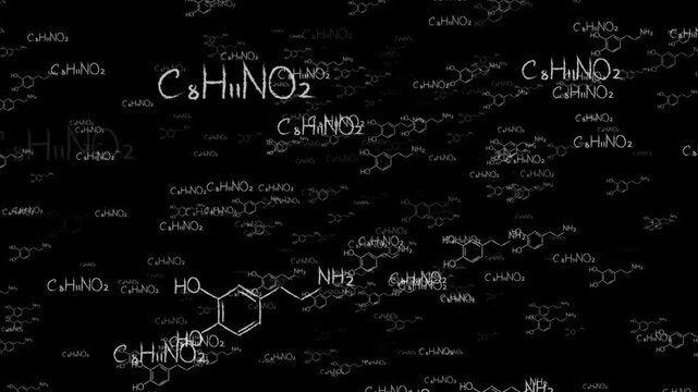 Dopamine Chemical Formula and Molecular Structure Pattern on Black Background