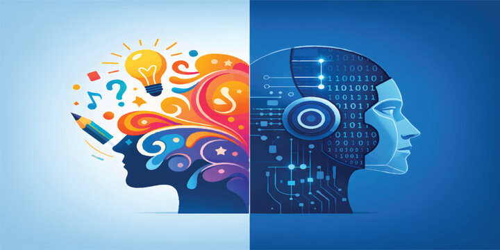 Human Creativity vs Artificial Intelligence Concept, Creative Mind and AI Brain Comparison, Innovation, Machine Learning and Future Technology Vector Illustration