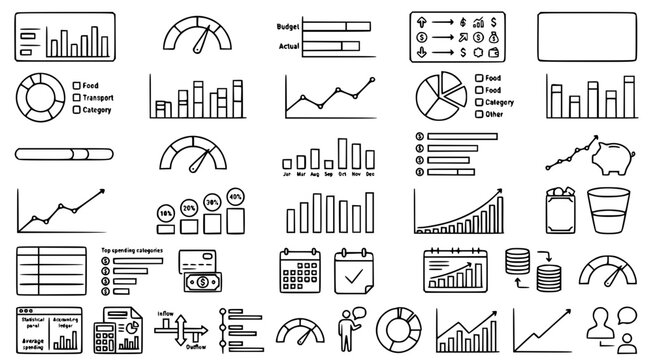 Data visualization and financial analysis icon set featuring performance graphs budget indicators and spending category charts in a clean line art style for business reporting and dashboards