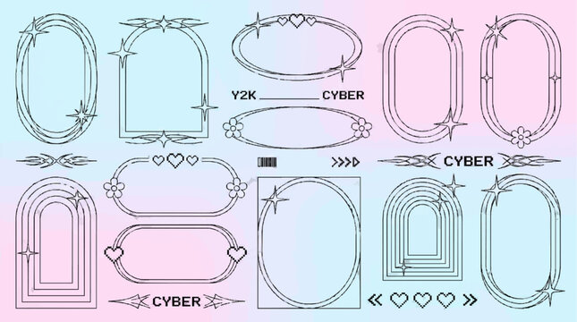 A collection of Y2K aesthetic vector frames and cybercore design elements featuring stars, hearts, and flowers on a soft pink and blue gradient