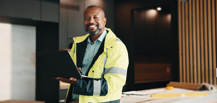 Laptop, portrait and black man for construction inspection, evaluation or check for safety compliance. Mature civil engineer, architecture and person with tech for smile, renovation project or review