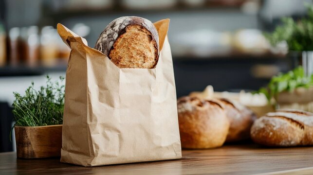 a freshly bought rye bread loaf. The dark loaf, partially wrapped, is sticking out of a classic brown paper bakery bag