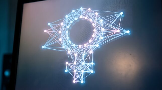 A glowing digital network forming the female gender symbol on a dark screen, representing interconnectedness.
