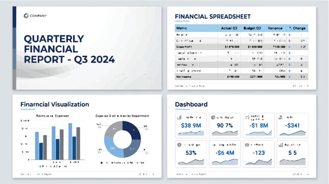 Financial Spreadsheet Presentation Layout with Quarterly Report Banner, Charts, Dashboards, and Variance Metrics for Planning