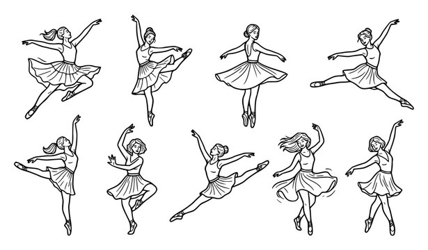 Black Ink Dancing Ladies Vector Set with Elegant Female Outline Figures EPS