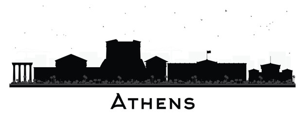 Naklejka premium Athens Greece City Skyline silhouette with black Buildings isolated on white. Business Travel and Tourism Concept with Historic and Modern Architecture. Athens Cityscape with Landmarks.