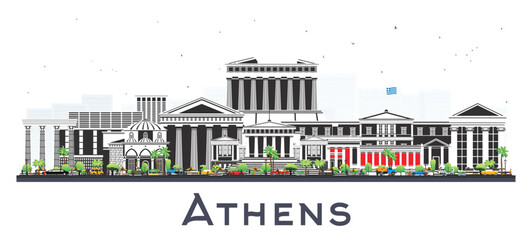 Naklejka premium Athens Greece City Skyline with Color Buildings isolated on white. Illustration. Business Travel and Tourism Concept with Historic and Modern Architecture. Athens Cityscape with Landmarks.