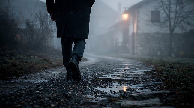 A lonely silhouette walking down a foggy rain soaked path at dusk.