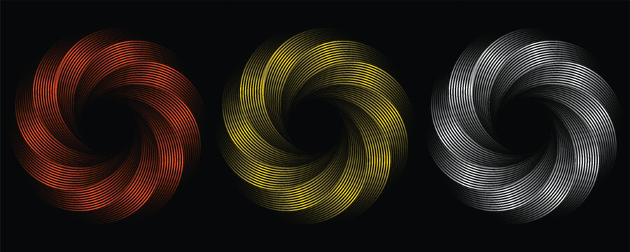 Abstract geometric bronze, gold, and silver spiral torus shapes on a black background. Modern futuristic metallic wireframe vortex wheel design elements vector illustration.