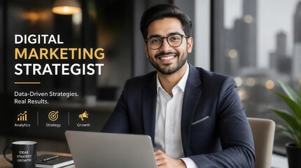 Fototapeta premium A confident Indian man, a digital marketing strategist with glasses, smiles while sitting at a desk with a laptop, showcasing data-driven strategies for real business growth and success