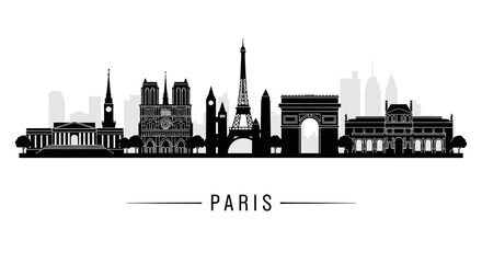 Fototapeta premium Paris cityscape silhouette illustration, graphic design, black and white