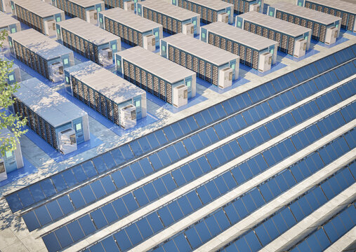 Group of energy storage systems or battery container units with solar panels