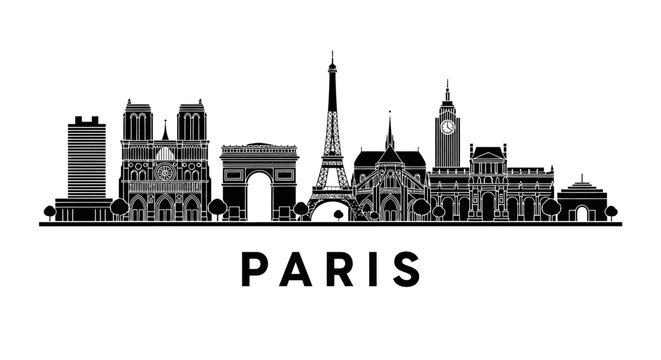 Paris cityscape silhouette illustration, black architecture on white