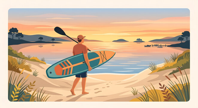 Flat character illustrations in summer man walking with paddleboard