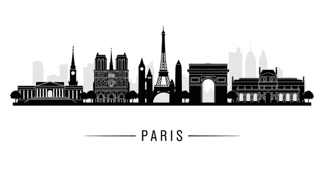 Paris cityscape silhouette illustration, graphic design, black and white