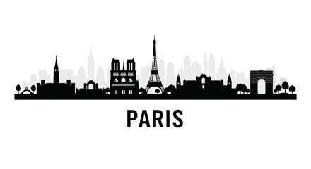 Obraz premium Paris skyline silhouette, famous landmarks, black and white illustration