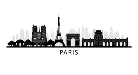 Fototapeta premium Paris skyline silhouette, famous landmarks, black and white illustration